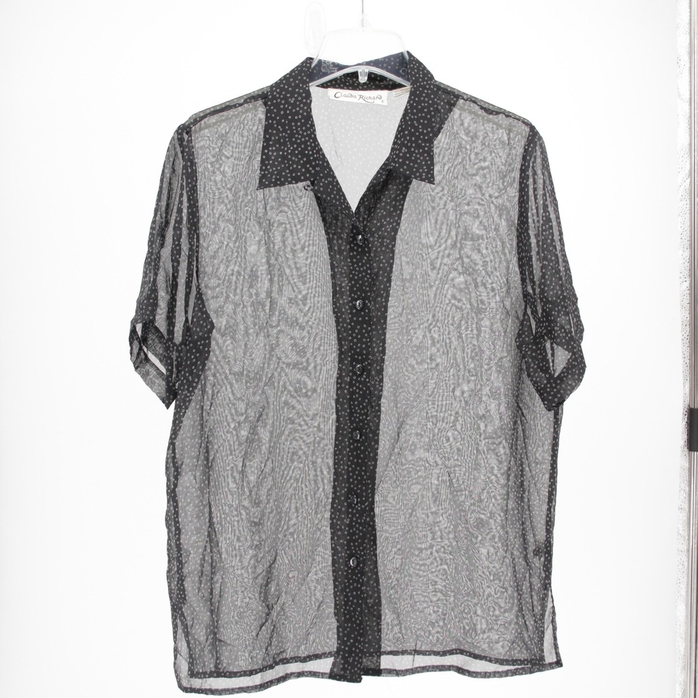 Claudia Richard Women's Black Sheer Polka Dot Button Up Shirt Size XL